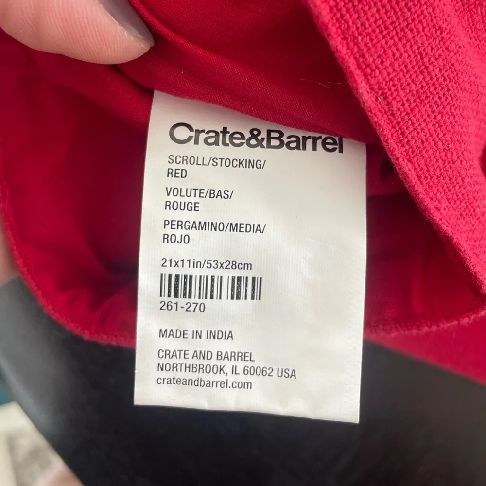 Crate & Barrel Christmas Stocking Red Cream Cotton Rope Cord Scroll 21